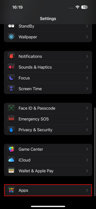 Tapping on "Apps" in iPhone settings. 