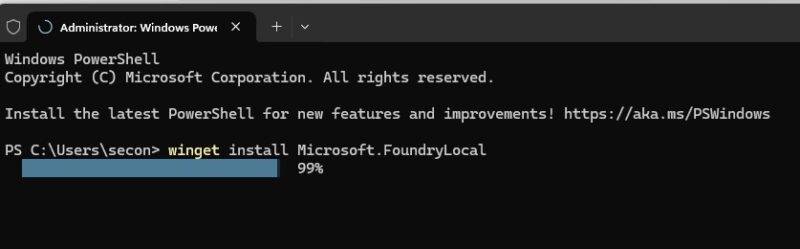 Installing Foundry Local AI via Windows terminal.