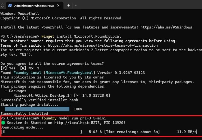 Installing Phi 3.5 mini model.