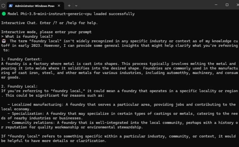 Using Foundry Local to answer questions about foundry local.