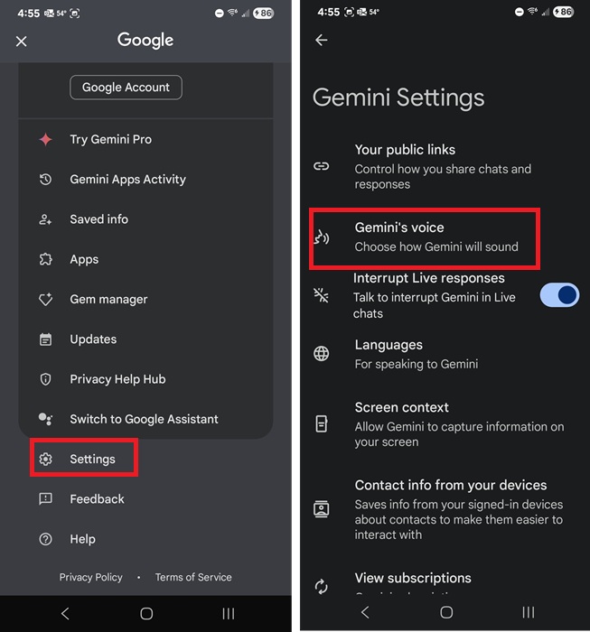 Opening Gemini voice settings.