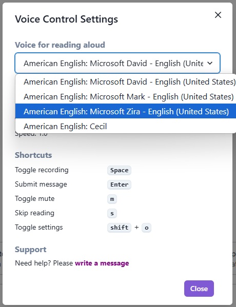 Available voices in the Voice Control for Gemini extension.