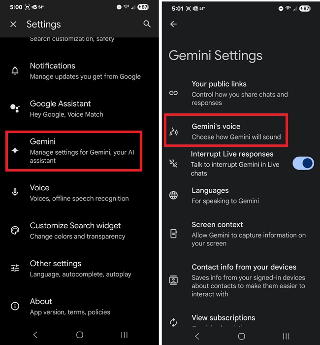 Changning Gemini's voice from the Google app.