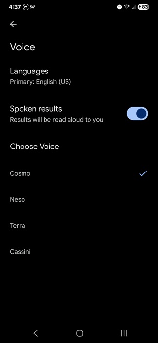 List of Google voices in Google app.