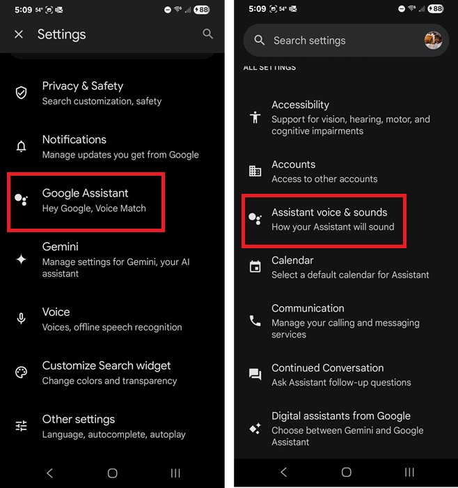 Accessing Google Assistant voice settings.