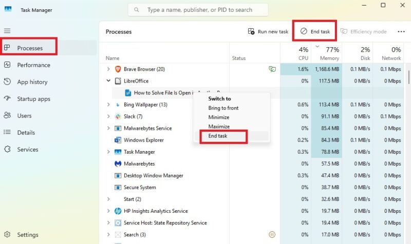 Solving the file is open in another program error by ending the task.