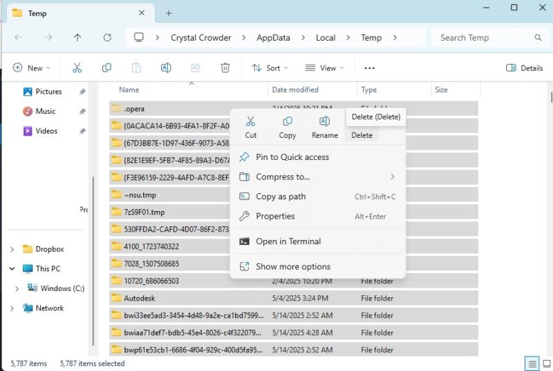 Deleting files in the Temp folder in Windows.