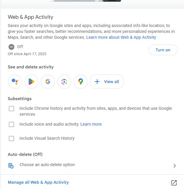 Turning on web and app activity in Google search.