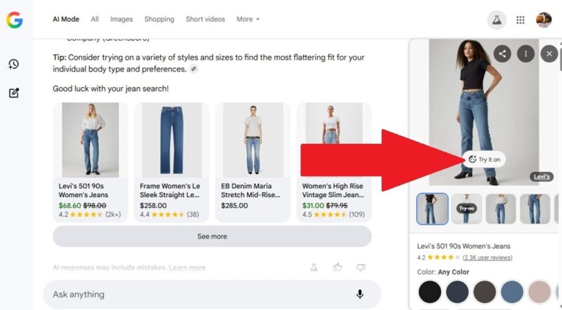Virtually trying on clothes in AI Mode.