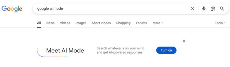 Turning on AI Mode in Google search.
