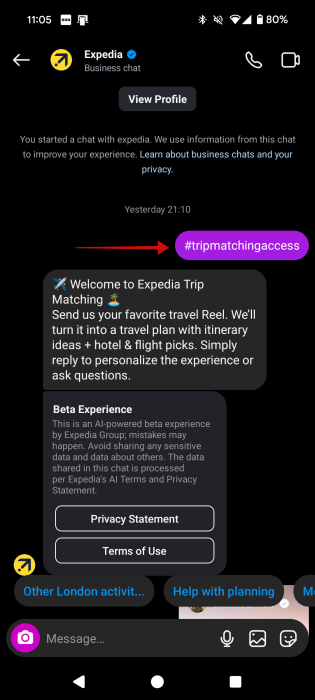 Activating Expedia Trip Matching feature in Instagram DM.