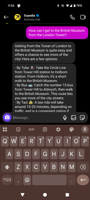 Asking Expedia for directions in Instagram Direct. 