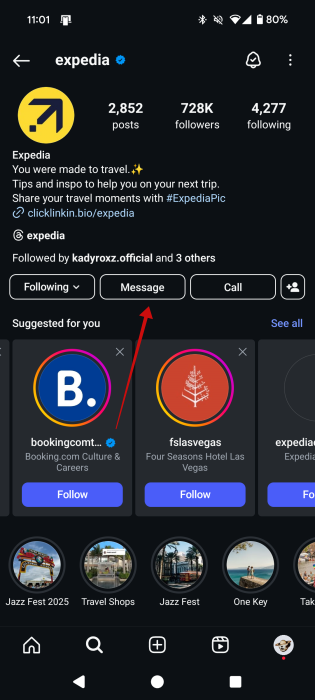 Pressing "Message" button on Expedia Instagram profile. 
