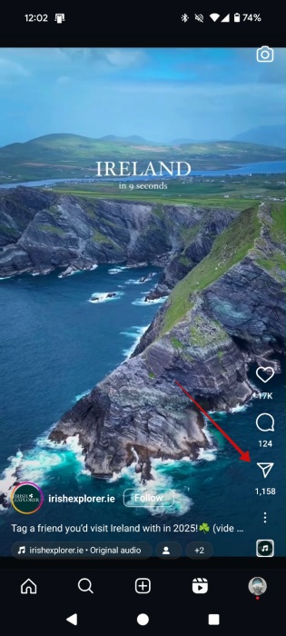 Pressing "Share" button on Reels in Instagram app. 