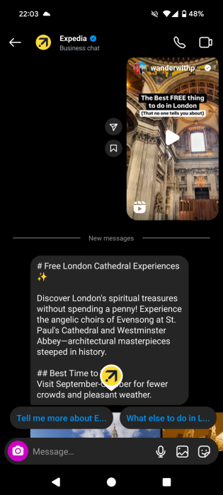 Sharing Reel with Expedia via Instagram Direct Messages. 