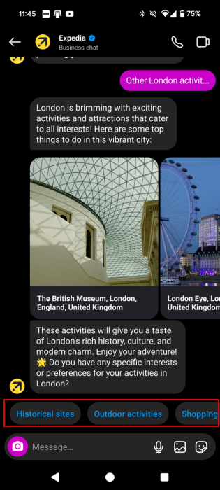 Using suggestions to interact with Expedia in Instagram Direct.