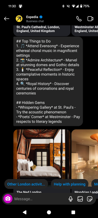 Expedia generating top things to do for London objective via Instagram app. 