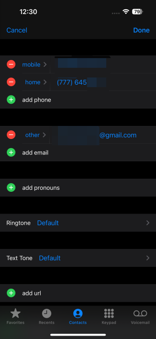 Editing contact data on iPhone. 