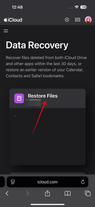 Tapping on "Restore Files" option in iCloud Data Recovery on iPhone. 