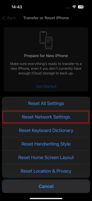 Selecting "Reset Network Settings" option in iPhone settings. 