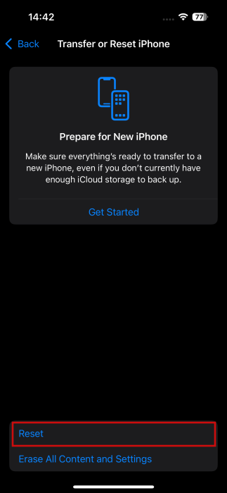 Pressing "Reset" in iPhone Settings.