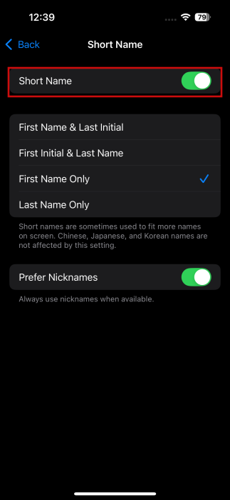 Turning off "Short Name" toggle in iPhone Contacts settings.