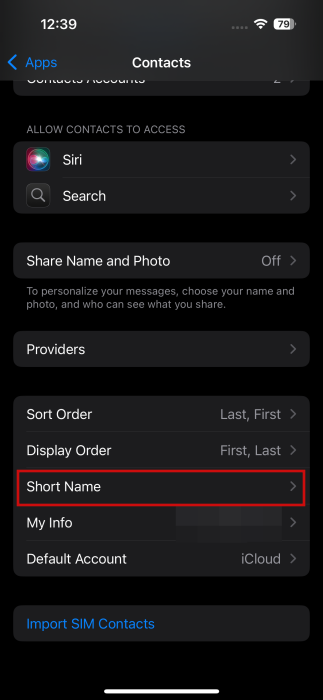 Tapping on "Short Name" in iOS Contact settings.