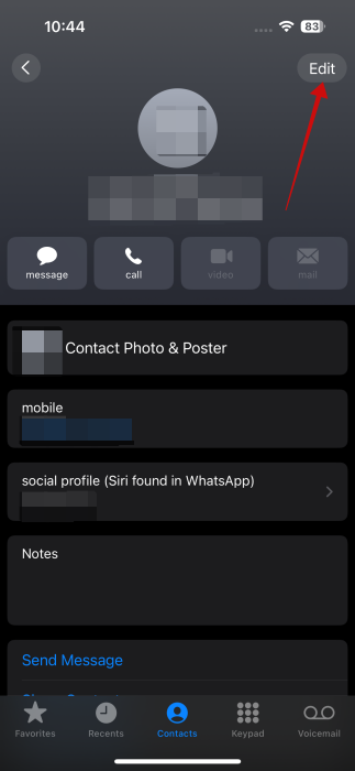 Pressing "Edit' for contact on iPhone. 