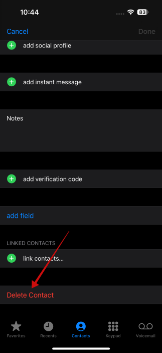 Tapping on "Delete Contact" button on iPhone. 