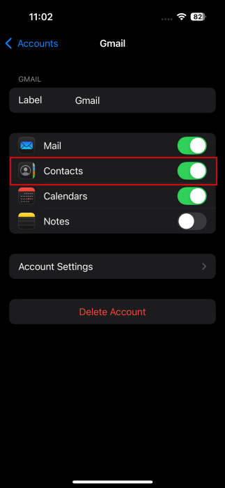 Toggling on Contacts option under Gmail account in iPhone settings. 