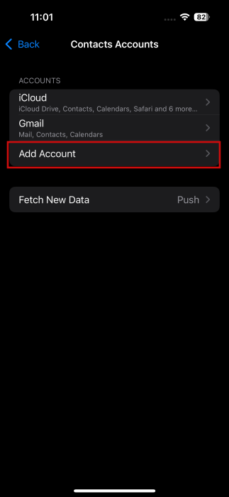 Tapping on "Add Account" option in iPhone Contacts settings.