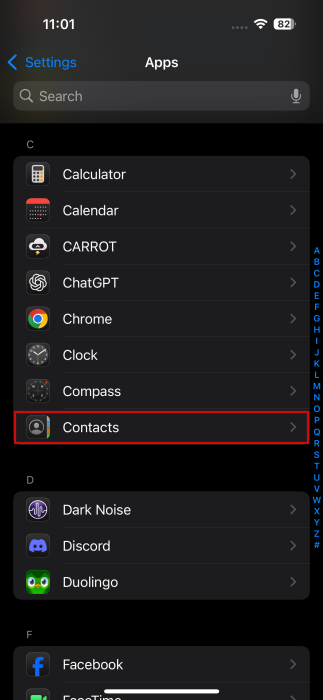Tapping on "Contacts" in iPhone Apps. 