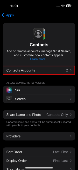 Tapping on "Contacts Accounts" option under Contacts in Settings on iPhone. 