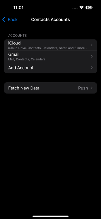 Contacts Accounts view on iPhone. 