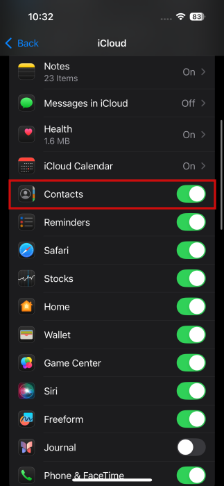 Verifying that Contacts toggle is on in iCloud settings on iPhone. 
