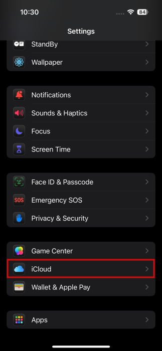 Navigating to iCloud in iPhone settings.