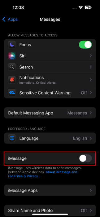Turning iMessage off on iPhone. 