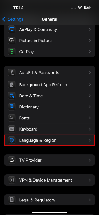 Tapping on "Language & Region" in iPhone settings. 