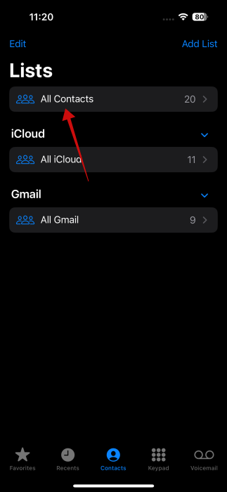 Tapping on "All Contacts" in Phone app on iPhone. 