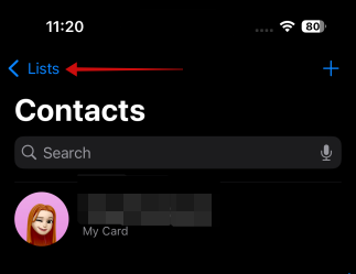 Pressing on "Lists" in Phone app on iPhone. 