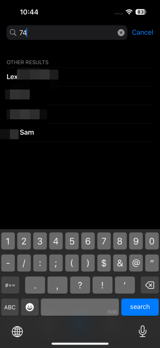 Searching for a number in Contacts app on iPhone. 