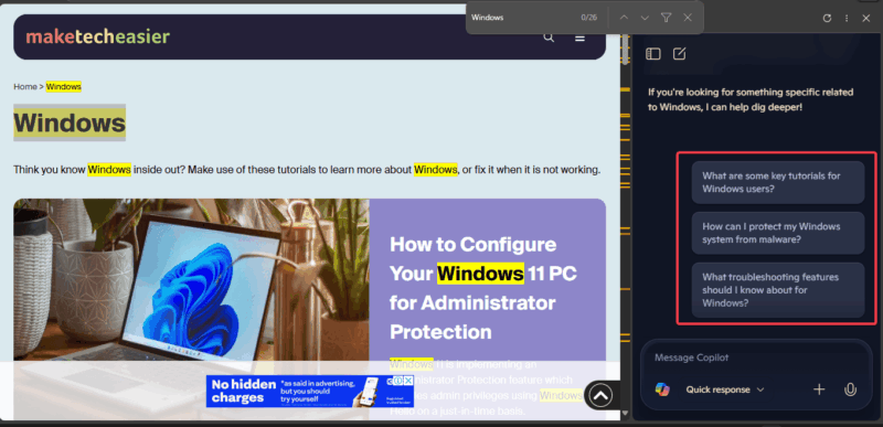 Other Copilot Suggestions In Find On Page Edge