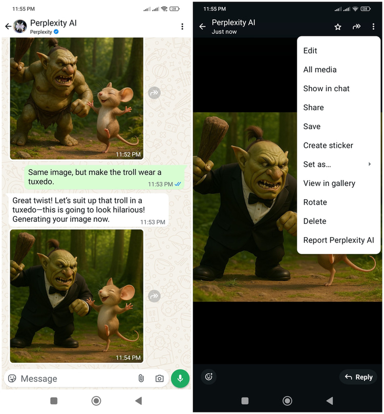 AI images of a troll generated by Perplexity in WhatsApp