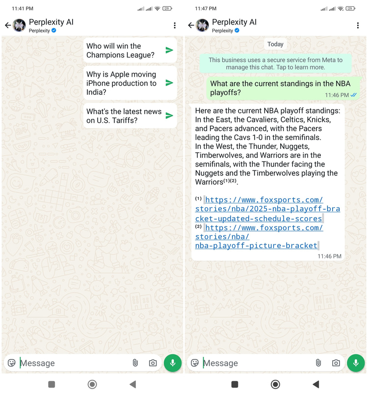 Perplexity answering a question in WhatsApp
