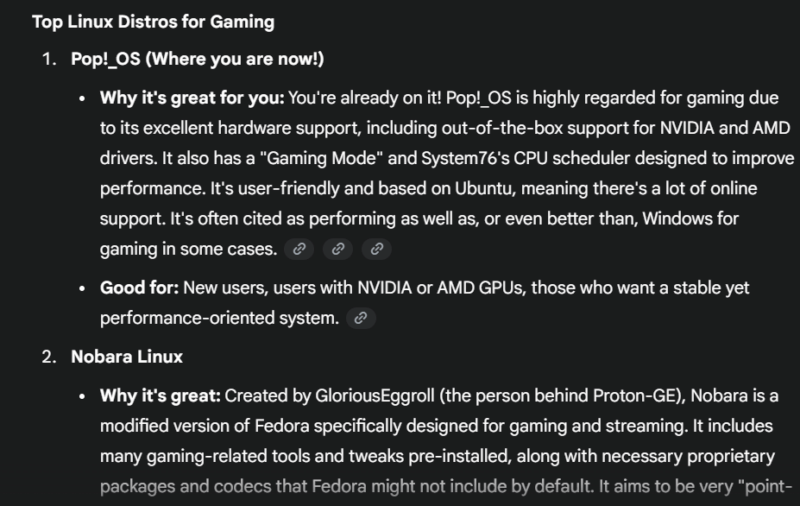 Gemini listing linux distros with Pop OS at top