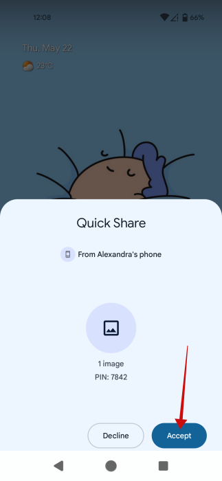 Quick Share request on receiving Android device. 