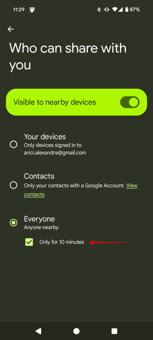 "Who can share with you" options for Quick Share on Android phone. 