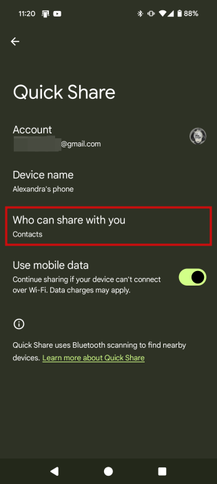 Configuring Quick Share settings on Android phone. 