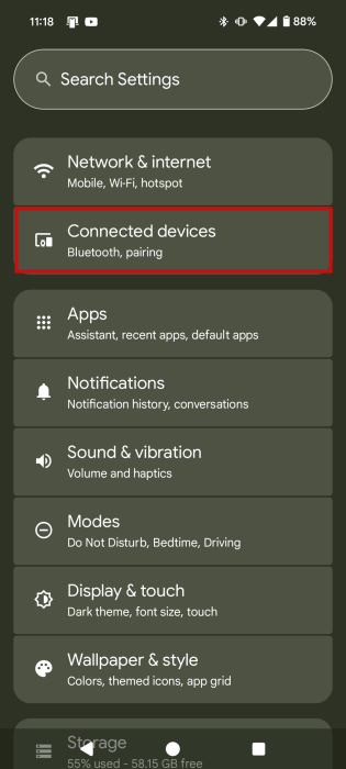 Tapping on "Connected devices" in Android Settings.