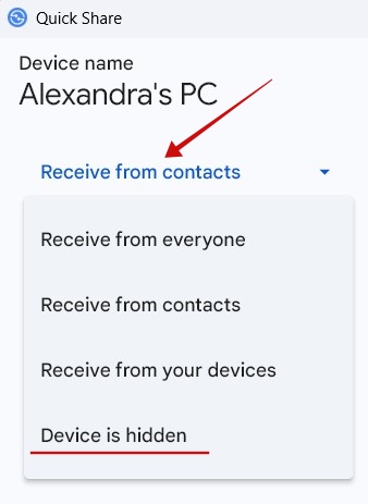 Switching to "Device is hidden" in Quick Share on PC.